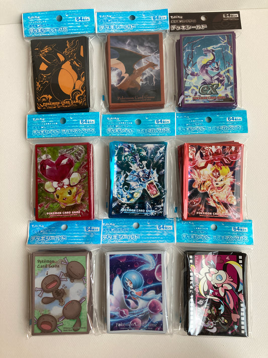Set of 9 Pokemon TCG Sleeves Deck Shield Mixed Lot Packs of 64 Pokemon Center Japan Official Charizard, Sylveon